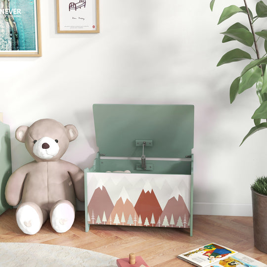 Toy Box, Kids Storage Chest with Lid, Safety Hinges and Groove Handles, Toy Storage Organizer with Mountain Pattern for Boys, Girls, Green