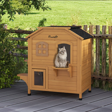 2-Storey Outdoor Cat House, Wooden Catio with Openable Roof, Lounge Space, Fun Entrances, for Feral Cats, Yellow