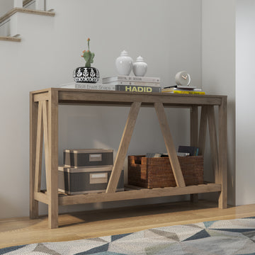 Table d'entrée style ferme, Console rustique avec étagère de rangement pour salon et couloir, Gris vieilli