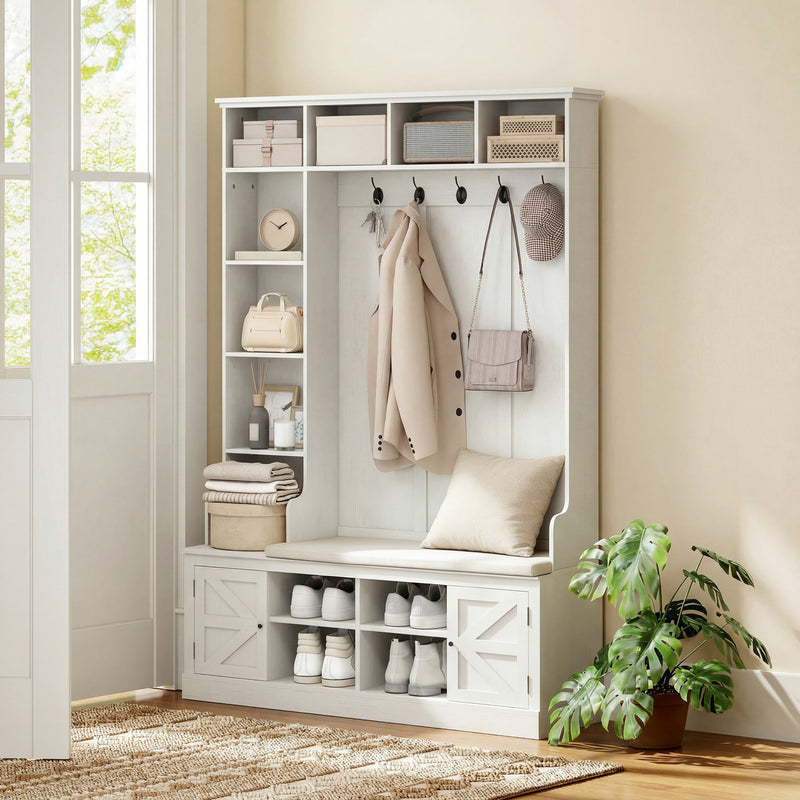 Hall Tree with Bench and Shoe Storage, Entryway Bench with Coat Rack, 12 Shelves, 2 Cabinets, 5 Hooks, White Wood Grain