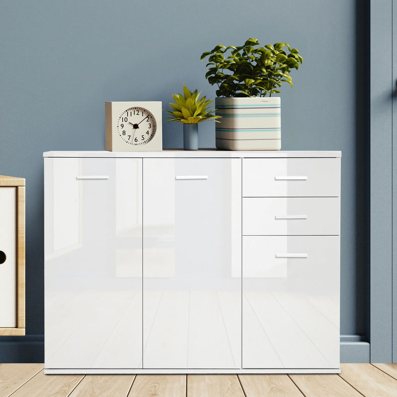 High Gloss Sideboard with 2 Drawers and 3 Doors, Buffet Cabinet with Adjustable Shelf, Coffee Bar Cabinet with Storage, White