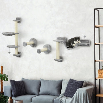 4PCs Cat Wall Shelves with Hammock, Scratching Post, Ladder, Steps, Platforms, Toy Balls, Grey