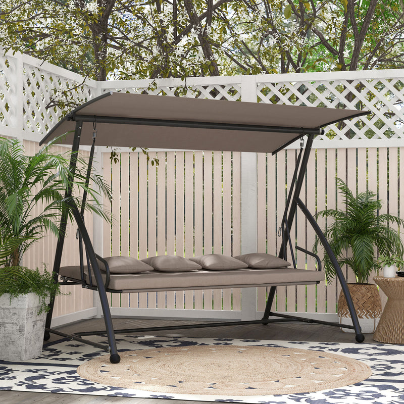 3 Seater Porch Swing Convertible Swing Chair Bed Cushioned, Light Brown