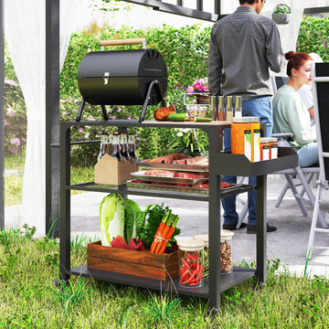 3-Tier Outdoor Grill Dining Cart with Storage Rack, Pizza Oven Stand with Side Handle, 4 Wheels for Backyard Party