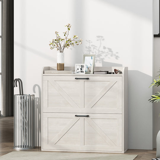 Narrow Shoe Storage Cabinet, Farmhouse Slim Shoe Cabinet with 2 Flip Drawers, Adjustable Shelves, White Oak