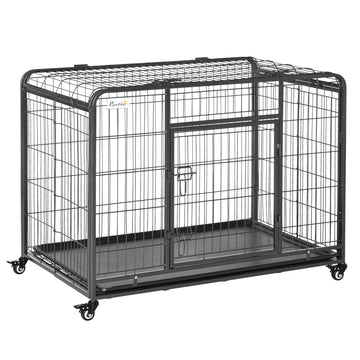 Folding Heavy Duty Dog Crate Heavy Duty Cage for Large Sized Dogs with Double Doors, Lockable Wheels Tray, 43