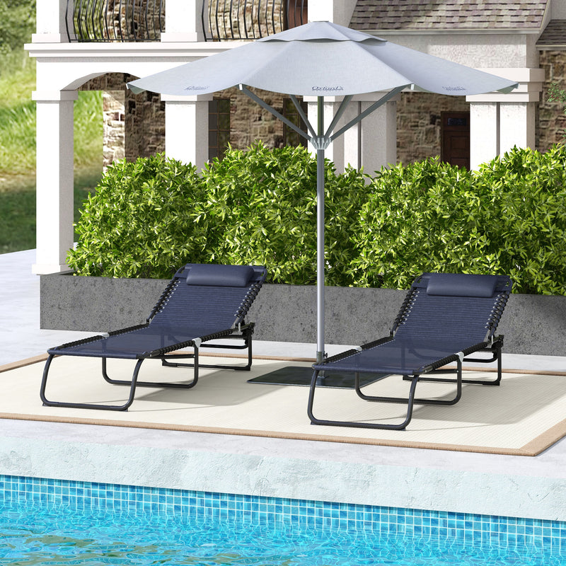 2 PCs Folding Lounge Chair, Adjustable Chaise Lounge with Headrest, Reclining Lounger Cot for Camping, Hiking, Dark Blue