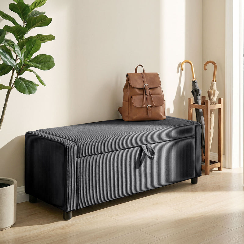 Storage Ottoman, Upholstered Corduroy End of Bed Bench with Thick Padding, Storage Bench for Bedroom, Dark Grey