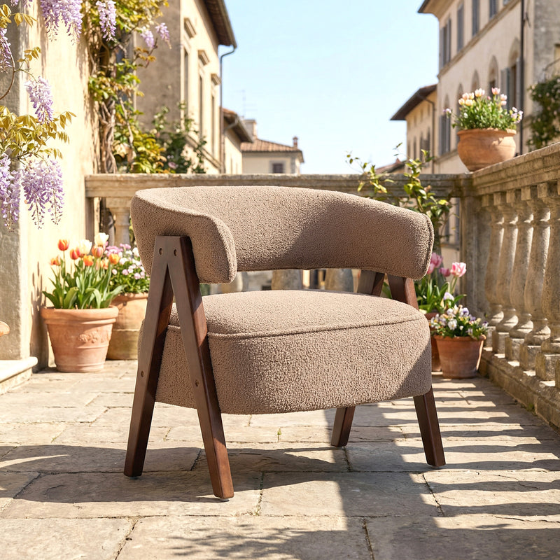 Sherpa Fleece Accent Chair, Upholstered Armchair with Solid Wood Legs and Steel Frame for Living Room, Light Brown