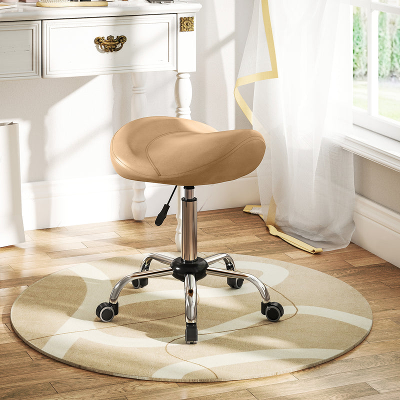 Saddle Stool, Height Adjustable Rolling Salon Chair with PU Leather for Massage, Spa, Clinic, Beauty and Tattoo, Brown