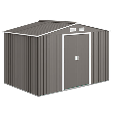 9.1'x6.4'x6.3' Garden Storage Shed w/ Foundation Kit Metal Tool Storage House w/ Double Doors, Grey