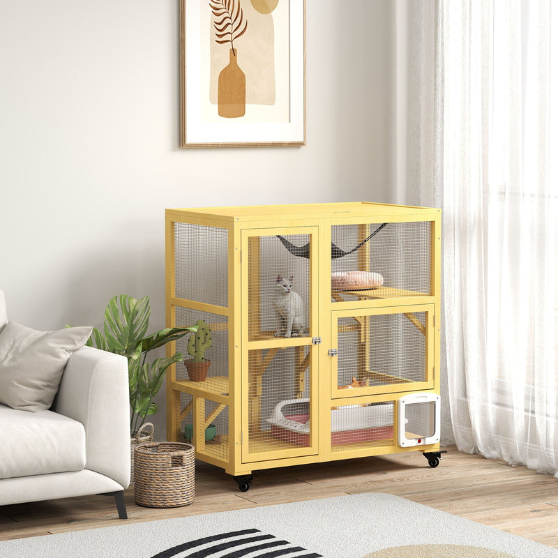 Cat Condo Wooden Indoor Cat House on Wheels with Cat Flap Door Platforms Hammock Openable Top for 2 Cats, Yellow