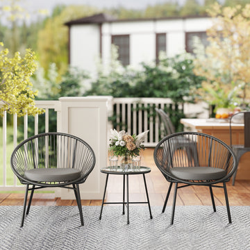 3 Piece Wicker Patio Furniture Set with Soft Seat Cushions, Tempered Glass Tabletop, Bistro Set for Garden, Black