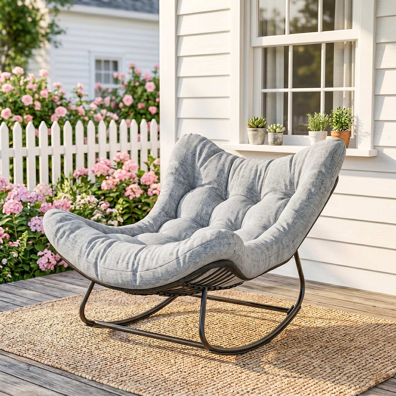 Oversized Rattan Patio Egg Chair, Outdoor Rocking Chair with Padded Cushion for Indoor, Porch, Grey