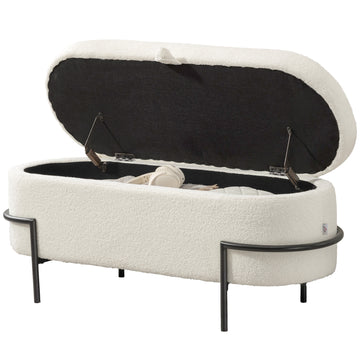 Storage Ottoman with Lift-Up Lid and Steel Legs, 45 Inches Sherpa Fleece Storage Chest for Living Room, Cream White
