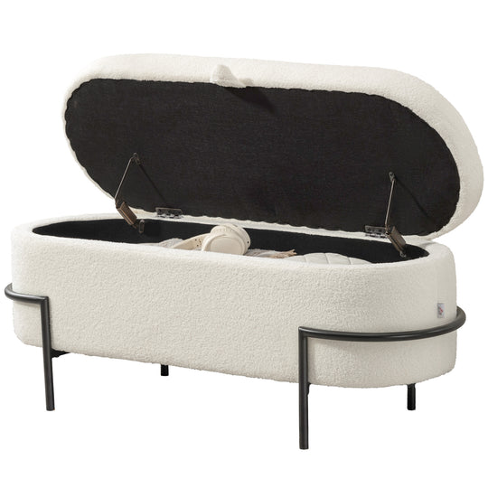 Storage Ottoman with Lift-Up Lid and Steel Legs, 45 Inches Sherpa Fleece Storage Chest for Living Room, Cream White