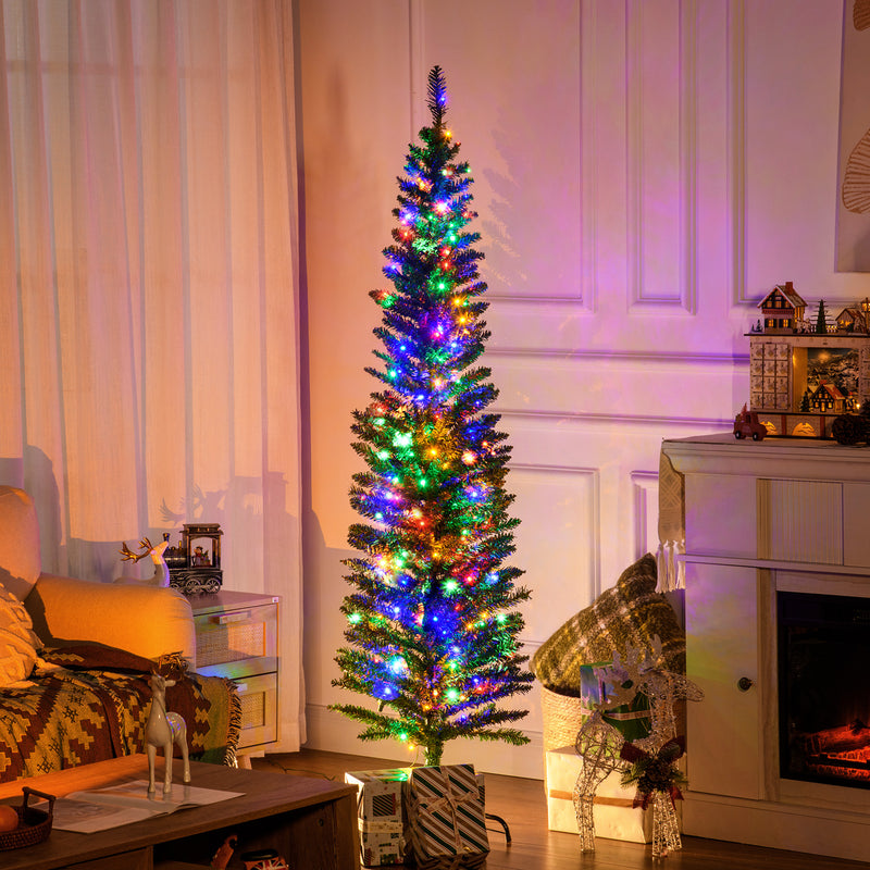 6' Artificial Pencil Christmas Trees Holiday Decoration with Colourful LED Lights, Steel Base, Skinny Shape