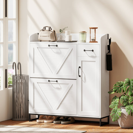 Farmhouse Shoe Storage Cabinet with Side Cabinet and Adjustable Shelves for Entryway, Hallway, Holds 12 Pairs, White