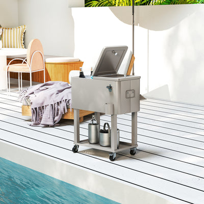 60 Quart Rolling Outdoor Cooler, Portable Rolling Patio Cooler Cart with Locking Wheels, Storage Shelf, Silver