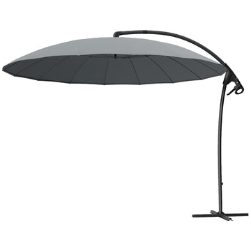 9FT Cantilever Umbrella with 16 Fibreglass Ribs, Offset Hanging Umbrella, Patio Umbrella with Crank and Cross Base, Grey