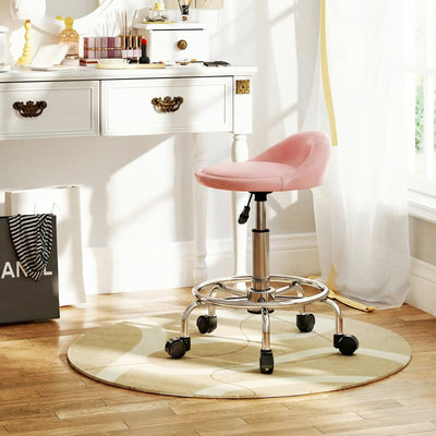 PU Leather Rolling Stool, Height Adjustable Swivel Salon Chair with Backrest and Foot Rest for Spa, Tattoo, Pink