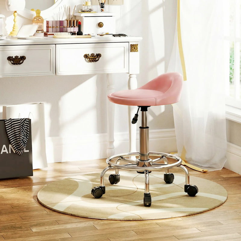 PU Leather Rolling Stool, Height Adjustable Swivel Salon Chair with Backrest and Foot Rest for Spa, Tattoo, Pink
