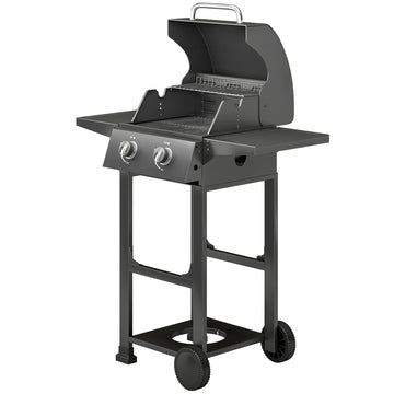 2 Burner Propane Gas Grill with Wheels, 18,400 BTU Portable BBQ Grill with Foldable Side Shelves, Warming Rack, Black