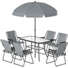 8 Piece Patio Table and Chairs Set with Folding Chairs, Tempered Glass Tabletop and Umbrella for Garden