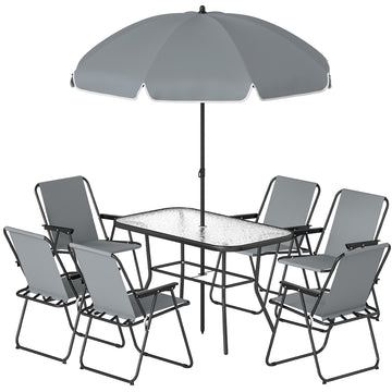8 Piece Patio Table and Chairs Set with Folding Chairs, Tempered Glass Tabletop and Umbrella for Garden, Grey