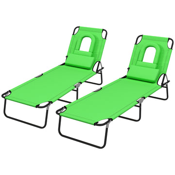 Folding Outdoor Lounge Chair Set of 2, Adjustable Patio Chaise Lounge with Face Hole, Reclining Tanning Chair, Folding Camping Beach Lounging Bed w/ Head Support, Green