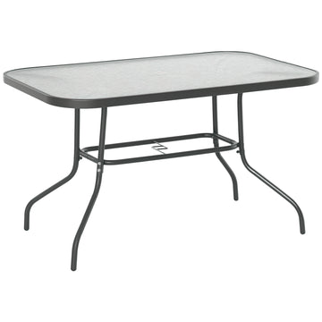 Metal Garden Dining Table with Umbrella Hole, Outdoor Patio Table with Tempered Glass Top, 47.25