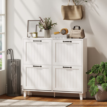 Meuble à chaussures avec 4 tiroirs basculants, meuble de rangement étroit autoportant avec tablettes ajustables, dos ouvert, blanc