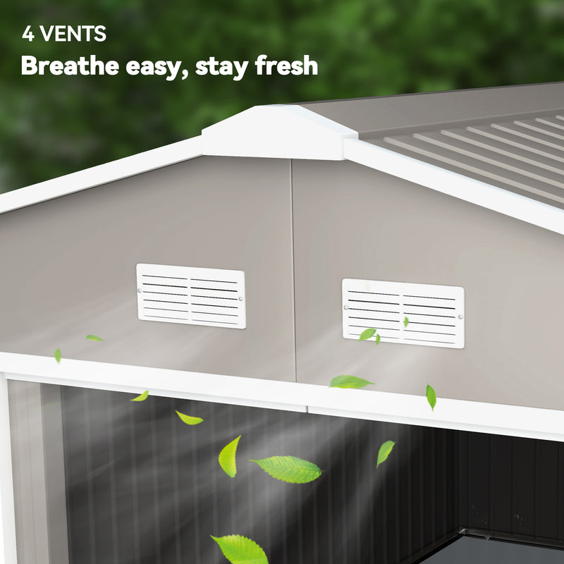 11' x 13'Garden Storage Shed w/ Foundation Kit Metal Tool Storage House w/ Double Doors, Light Grey