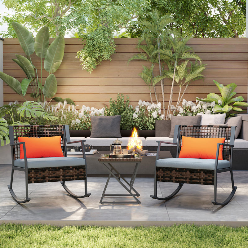 3 Pieces Rocking Bistro Set, Wicker Patio Furniture Set with Cushions and Glass Table for Porch, Balcony, Grey