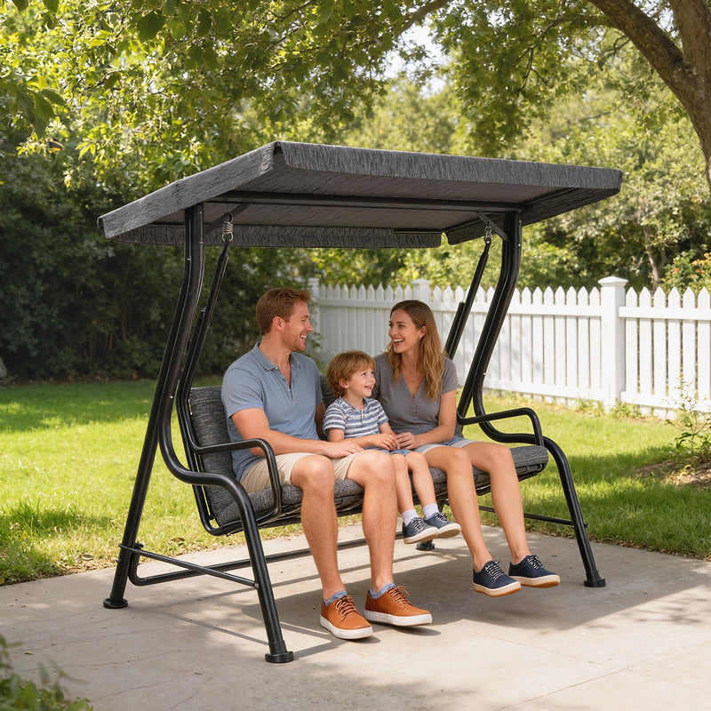 3-Person Porch Swing Chair, Patio Swing Bench with Adjustable Canopy, Removable Thicken Cushion and Weather Resistant Steel Frame for Outdoor, Garden, Poolside, Black