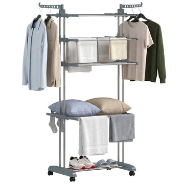 5-Tier Clothes Drying Rack, Foldable Laundry Drying Rack with Wheels, Side Wings, Grey
