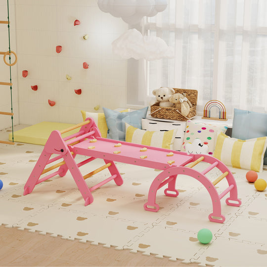 7-in-1 Pikler Triangle Set, Foldable Wooden Climbing Toys with Arch, Ramp and Ladder for Toddlers 1-4 Years, Pink