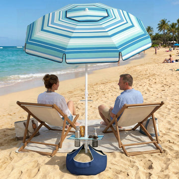 6 ft Portable Beach Umbrella with Foldable Table, Tilting Outdoor Sun Shade with Sand Anchor, Sandbag, Dark Blue