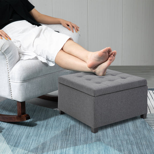Tufted Storage Ottoman, Upholstered Accent Bench Seat, Cube Storage Box, Footrest Stool, Dark Grey