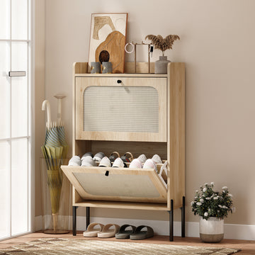 Shoe Cabinet with 2 Flip Drawers, Boho Narrow Shoe Storage Cabinet, Oak