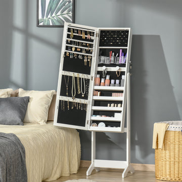 Lockable Jewelry Armoire with LED Light, Standing Mirror with Storage for Bedroom Dressing Room, White