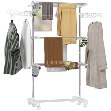 3-Tier Foldable Clothes Drying Rack, Stainless Steel Laundry Rack with 2 Side Wings and 6 Castors, Collapsible Adjustable Clothes Airer for Indoor Outdoor, White