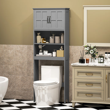 Modern Over The Toilet Storage, Bathroom Cabinets Over Toilet with Open Shelves and Double Door Cabinet, Grey