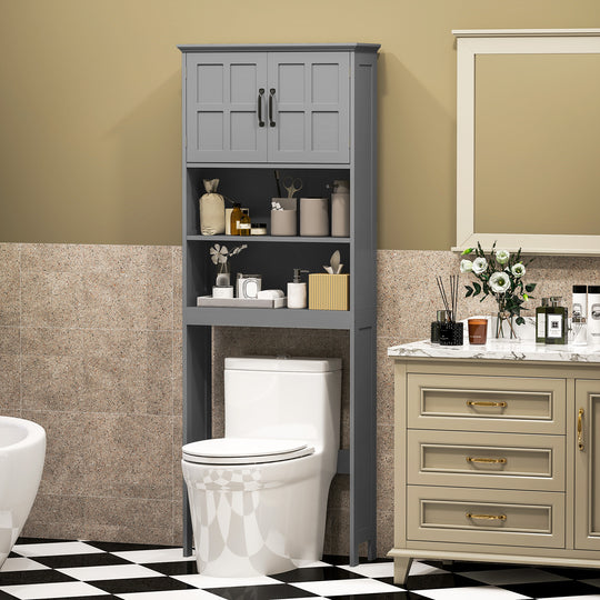 Modern Over The Toilet Storage, Bathroom Cabinets Over Toilet with Open Shelves and Double Door Cabinet, Grey