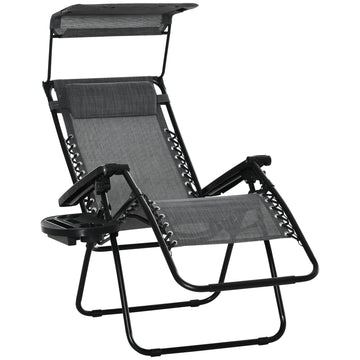 Outdoor Zero Gravity Reclining Lounger Chair with Canopy Shade, Side Tray, Cupholder, Light Grey