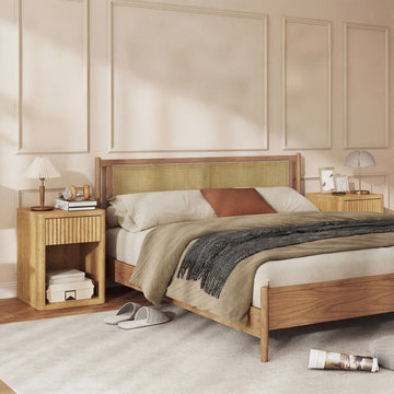 Nightstand with Drawer and Open Shelf, Modern Bedside Table Set of 2 for Bedroom Living Room, Oak