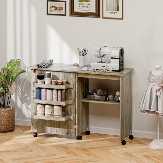 Sewing Machine Cabinet, Folding Sewing Table with Storage Shelf, Bins and Lockable Wheels for Small Space, Grey