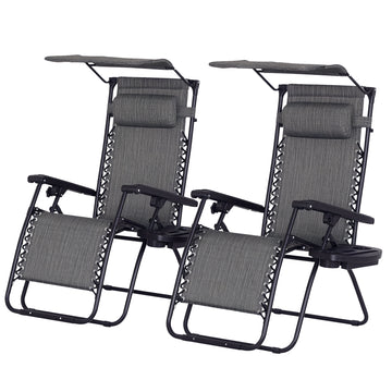 2 Piece Foldable Lounge Chair with Canopy Shade, Outdoor Zero Gravity Chair w/ Side Tray & Cup Holder, Reclining Lounger w/ Breathable Mesh Fabric Seat, Pillow, Dark Grey