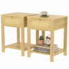 Boho Side Tables Set of 2, End Tables with Drawer and Open Shelf for Living Room, Natural Wood