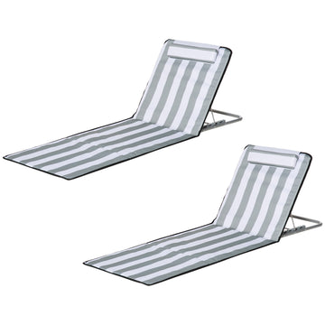 2 Pieces Beach Lounge Chair, Outdoor Folding Chaise Lounge Set w/ Pillow for Sunbath, Snap, Light Grey and White